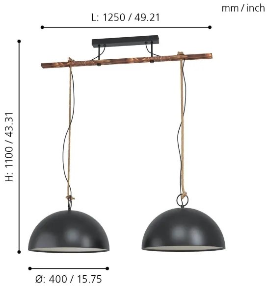 Eglo 78444 - Lampadario a sospensione con filo HODSOLL 2xE27/40W/230V nero/marrone