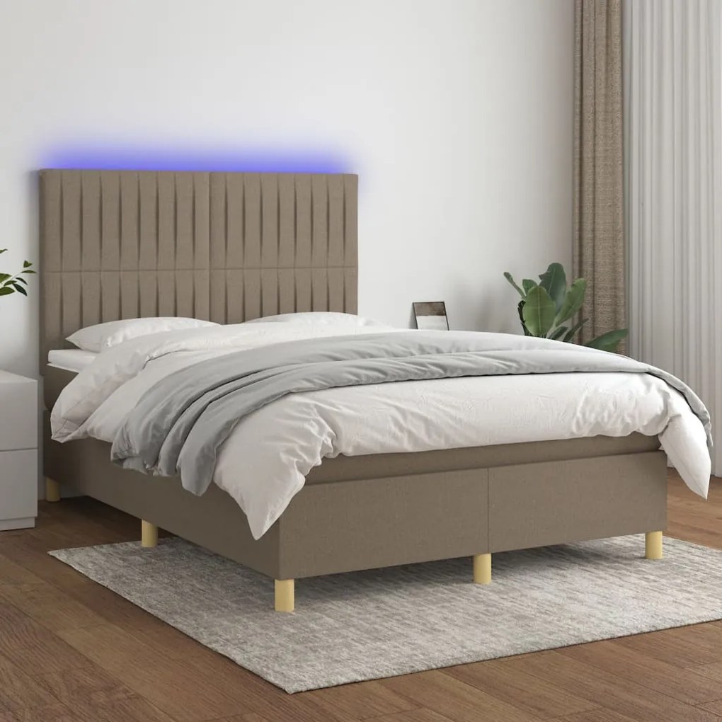 Letto a molle con materasso e led tortora 140x190 cm in tessuto