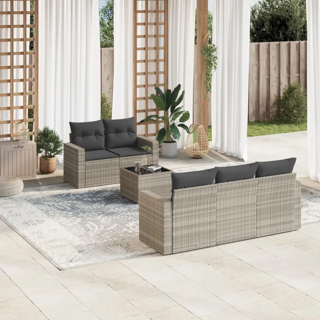 Set divano da giardino 6pz con cuscini grigio chiaro polyrattan