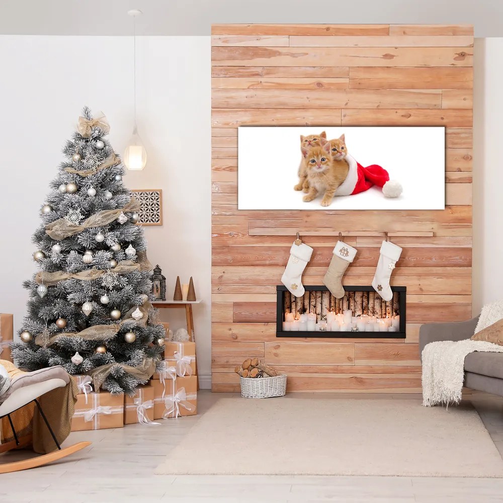Quadro su vetro Gatti Babbo Natale 100x50 cm 2 appendini