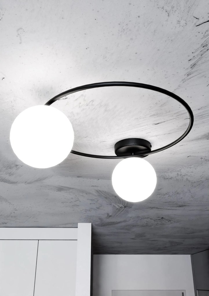 Plafoniera Minimal 2 Luci Sopra In Acciaio Nero E Sfere In Vetro Bianco