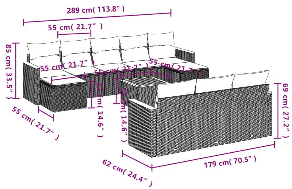 Set divani da giardino 11 pz con cuscini in polyrattan nero