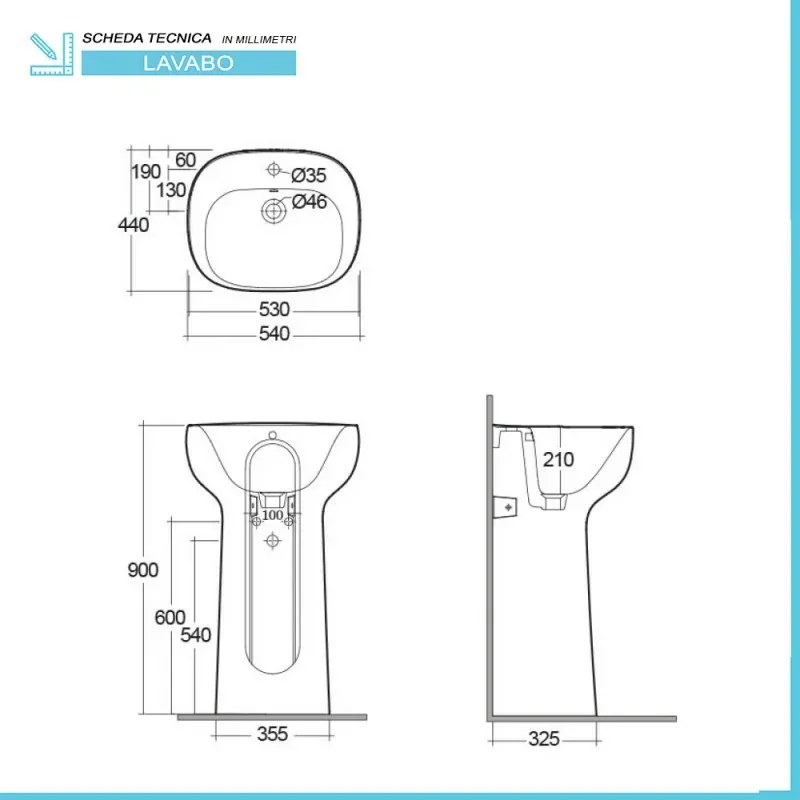 Lavabo freestanding Rak Illusion in ceramica bianca con foro