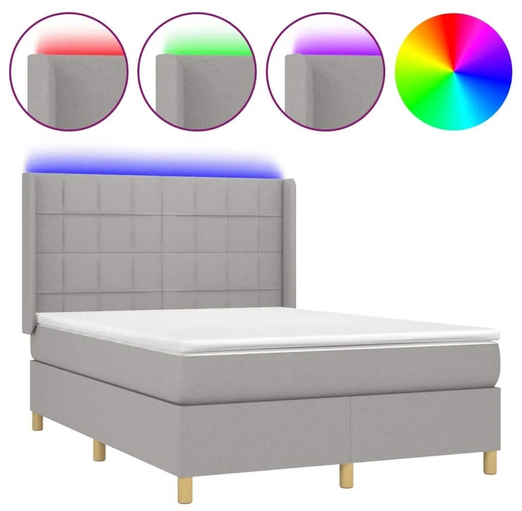 Letto a molle materasso e led grigio chiaro 140x190 cm tessuto