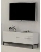 Mobile da soggiorno Porta TV, Made in Italy, Credenza per TV da salotto rialzata, 1 anta e cassetti, cm 110x40h47, Bianco lucido