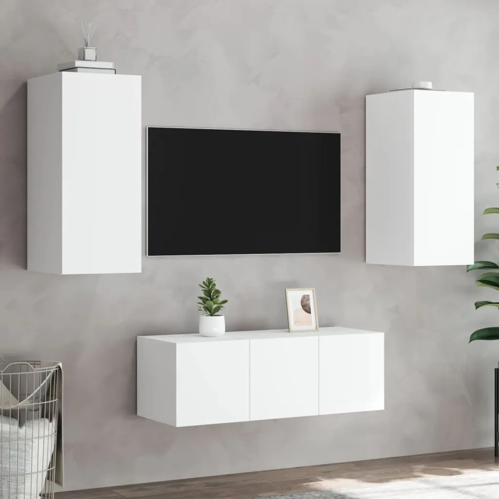 Mobili tv a muro con led 4pz bianchi in legno multistrato