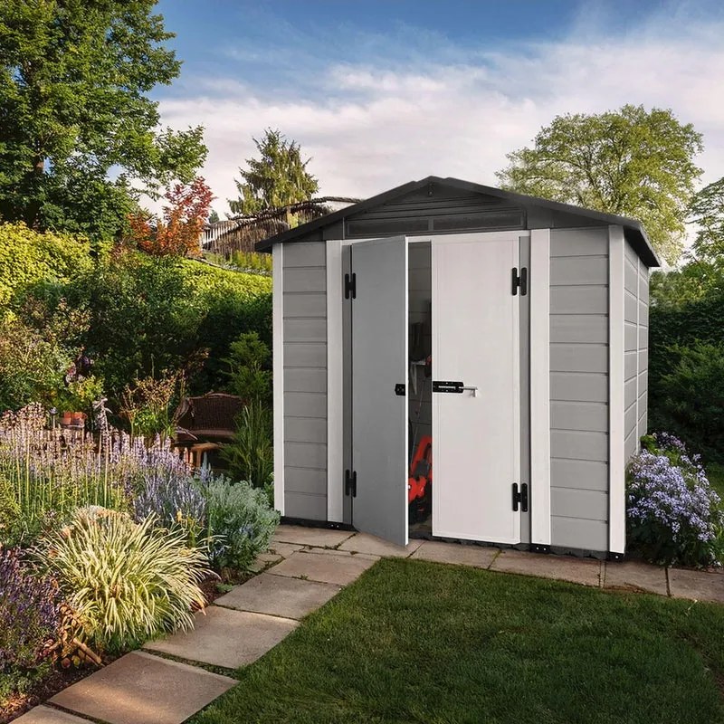 Casetta da giardino in PVC antracite 1.8 x 1.8 m, superficie esterna 3.98 m² e spessore parete 20 mm, con pavimento porta a due ante, GAROFALO Greeny L