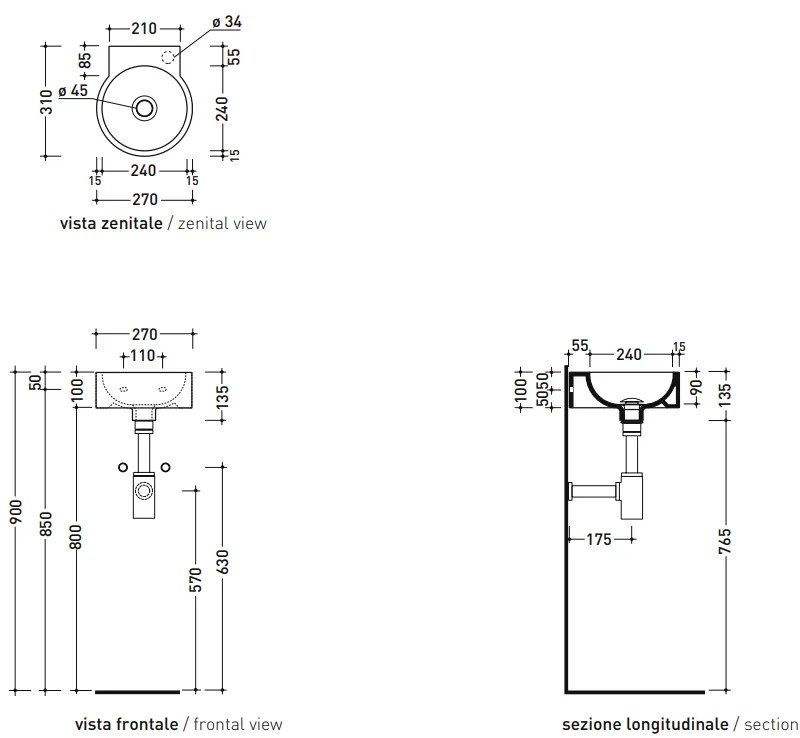 Ceramica Flaminia MINI TWIN Lavamani sospeso cm 27 con piano rubinetteria senza troppopieno in ceramica bianco