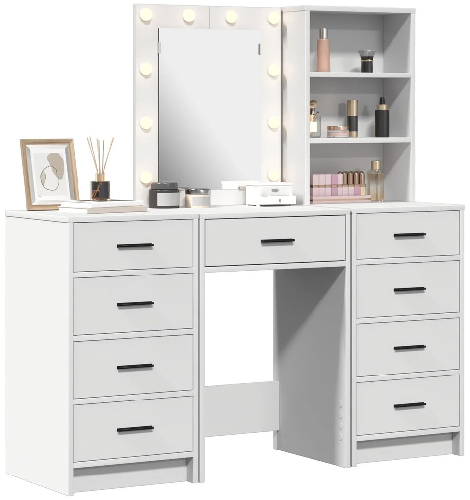 Set da toeletta a 3 pezzi con led in legno ingegnerizzato bianco