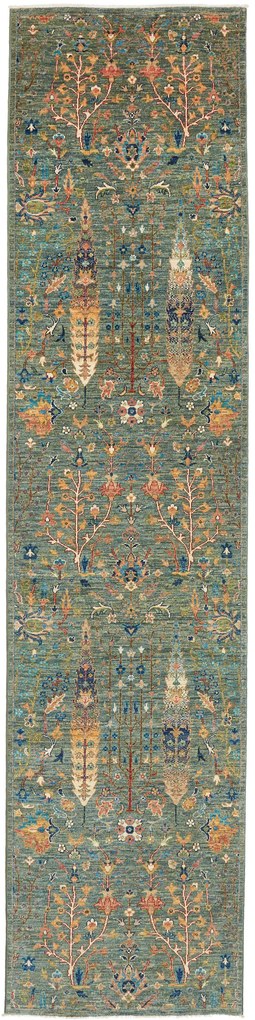 Samarkand Tappeto orientale 80 x 340 Verde (Pakistan) Annodato A Mano