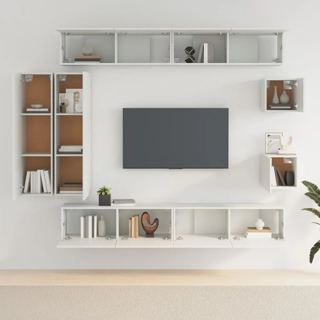 Set mobili porta tv 8pz bianco in legno multistrato