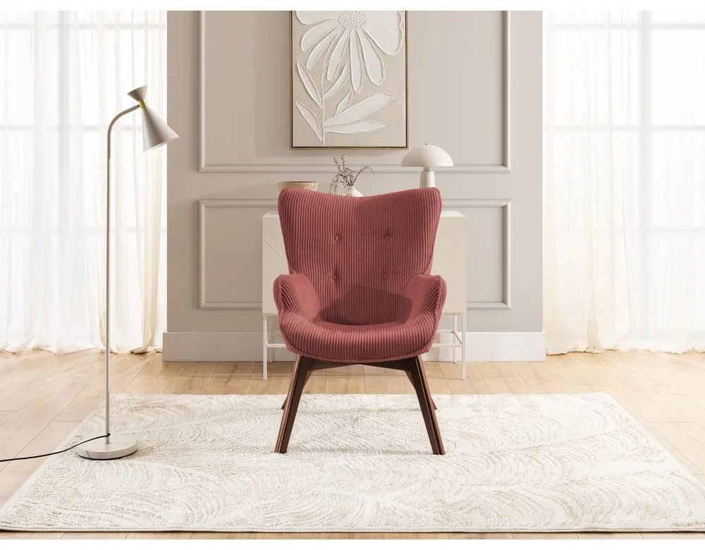 Poltrona con poggiapiedi rossa con rivestimento in velluto a coste Niko – Ropez