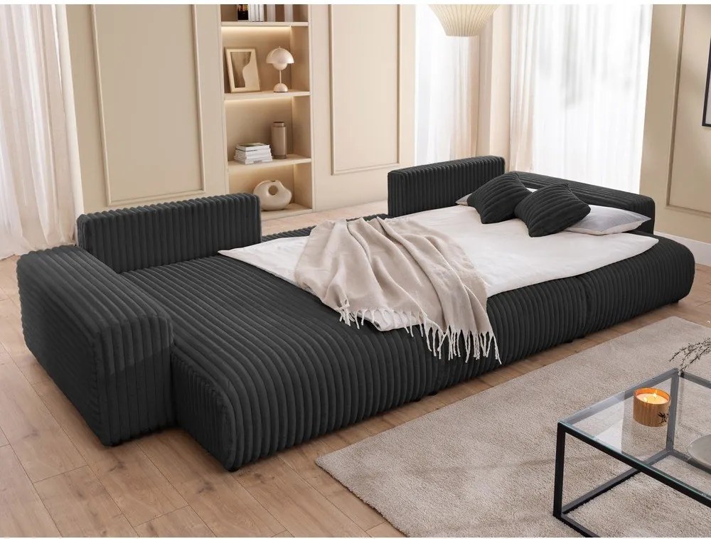 Divano angolare grigio scuro allungabile/con contenitore (a U) rivestito in velluto a coste Sarina – Ropez