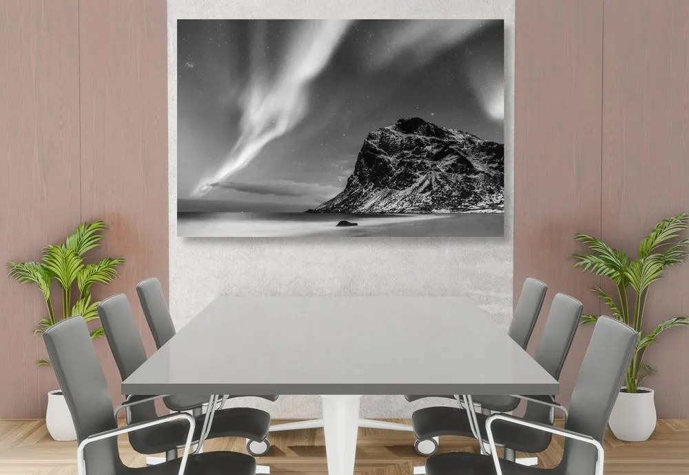 Stampa su tela – Aurora boreale in Norvegia in bianco e nero