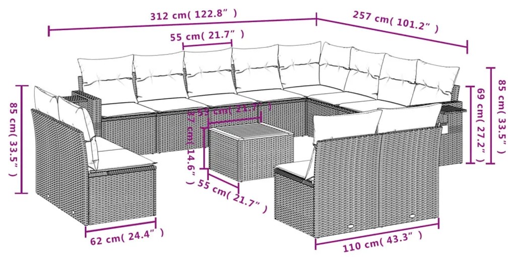 Set Divani da Giardino 13pz con Cuscini Nero in Polyrattan