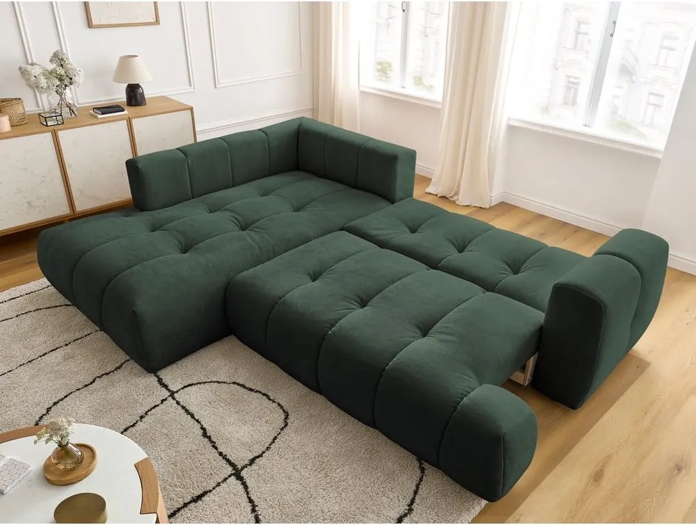 Divano angolare verde allungabile e con contenitore (penisola a sinistra/a L) con rivestimento in ciniglia Fuji – Bobochic Paris