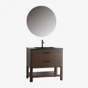 Set Mobili Da Bagno In Legno Misene Con Lavabo Integrato Legno Scuro & Tondo Led E Antifog (ø70 Cm) Solyn & Nero ↑20 Cm Con Valvola - Sklum