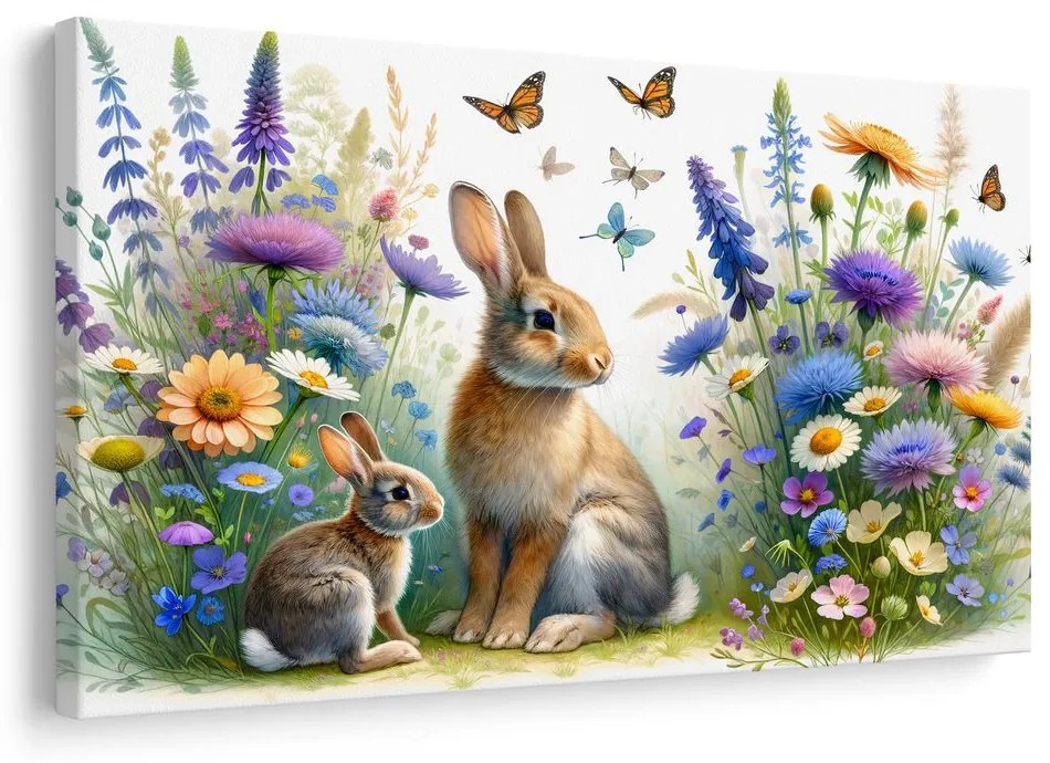 Quadro su tela – Coniglietti su prato fiorito di primavera