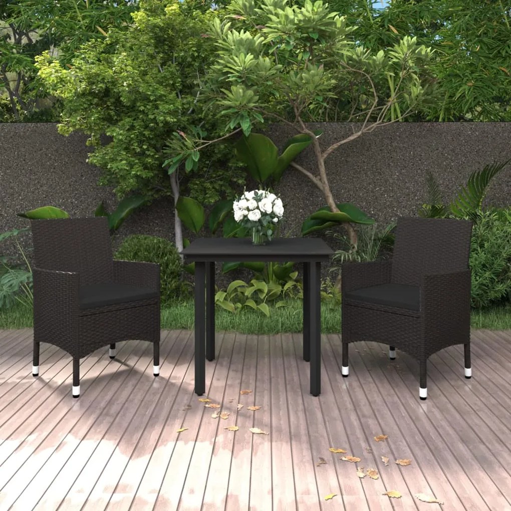 Set da pranzo da giardino 3 pz con cuscini polyrattan e vetro