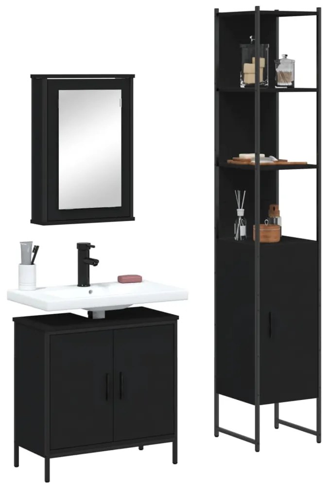 Set mobili da bagno 3 pz nero in legno multistrato