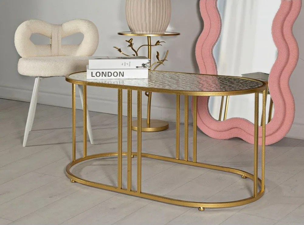 Tavolino da salotto bianco/dorato con piano in vetro 50x90 cm Antalia – Mauro Ferretti