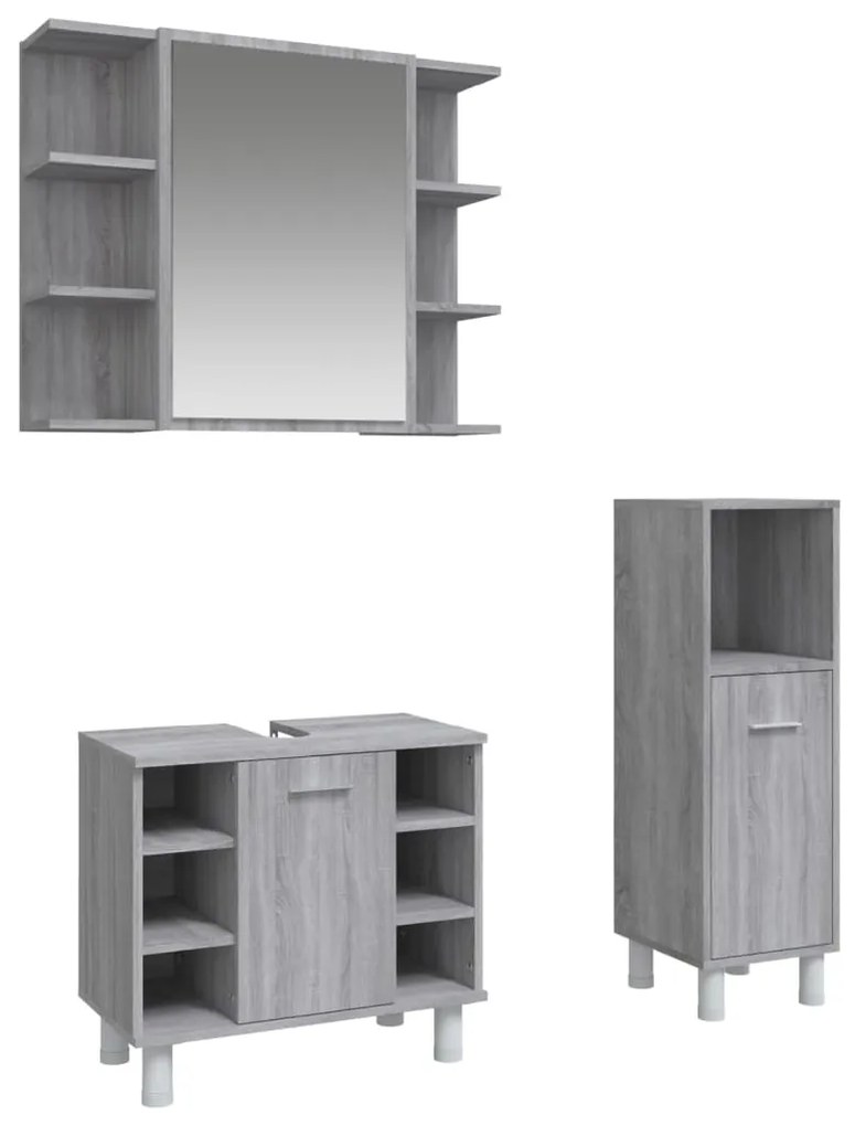 Set mobili da bagno 3 pz grigio sonoma in legno multistrato