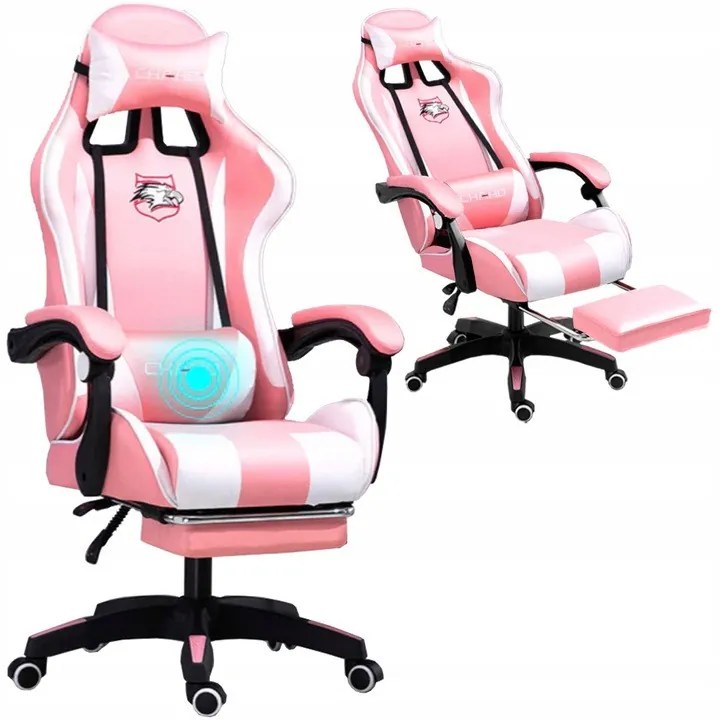 Comoda sedia da gaming con cuscino rosa e bianco