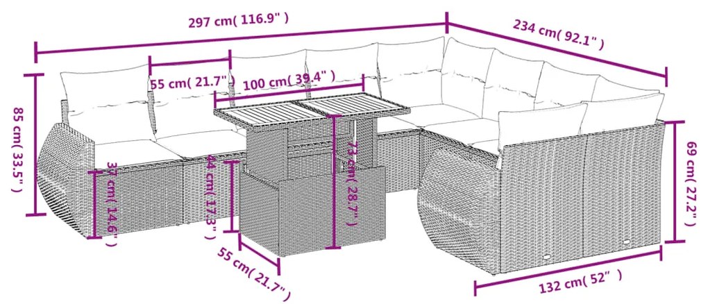 Set Divani da Giardino 10pz con Cuscini in Polyrattan Nero