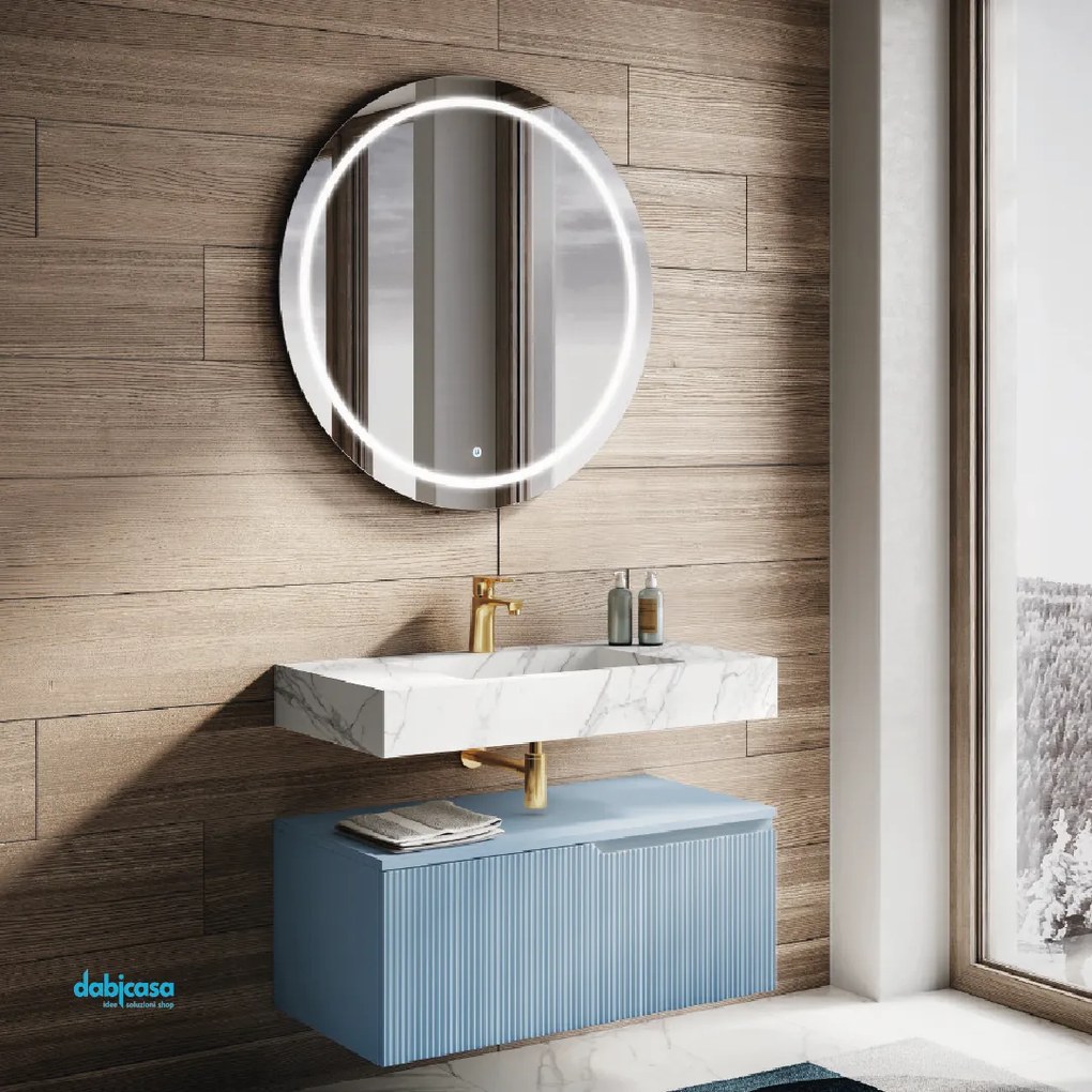 Mobile Bagno Sospeso "Victor" Da 90 Cm C/Lavabo In Hpl Calacatta e Base A Un Cassetto Azzurro Tiffany Specchio C/Led Frontale e Accensione Touch