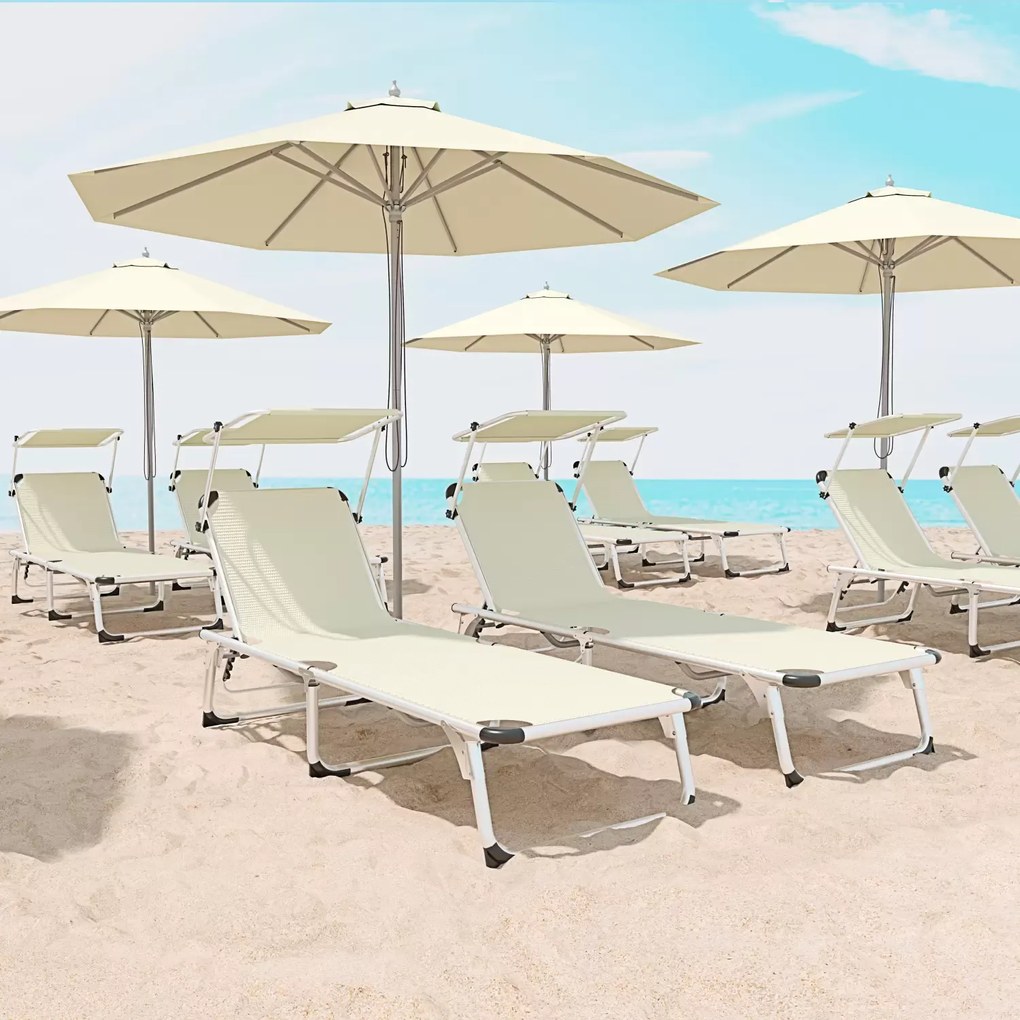 Coppia Di Lettini Pieghevole Prendisole Tettuccio Parasole Schienale Reclinabile Regolabile 6 Posizioni Struttura In Alluminio Sedia Sdraio Spiaggia Mare Giardino Piscina 187 x 59 x 29 Cm (Beige)