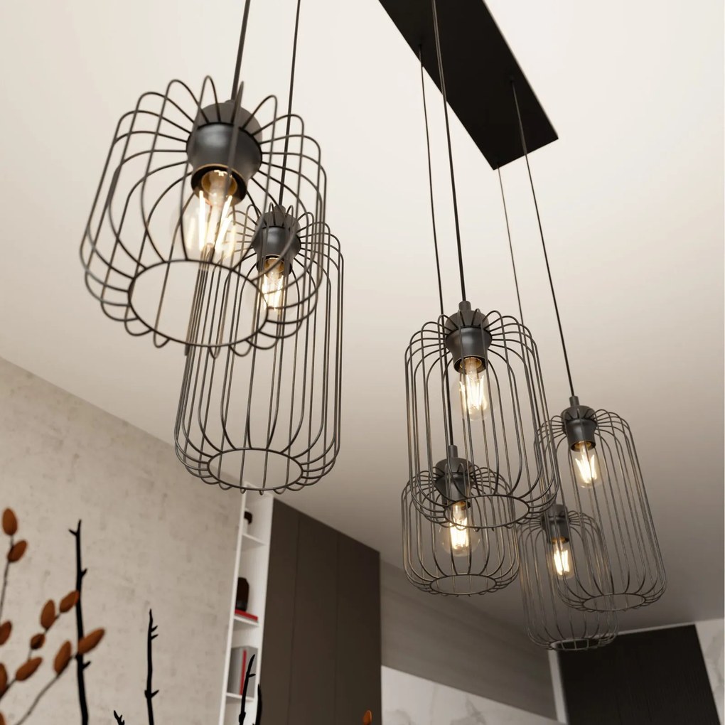 Sospensione Minimal Industrial Vander 6 Luci Lineari Nera