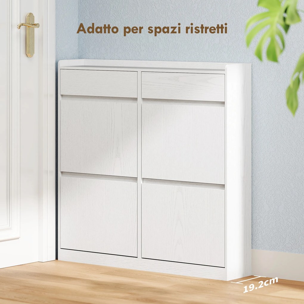 Scarpiera Slim 98x19,2x95,3 cm con 4 Ante a Ribalta e 2 Cassetti in Legno Bianco...