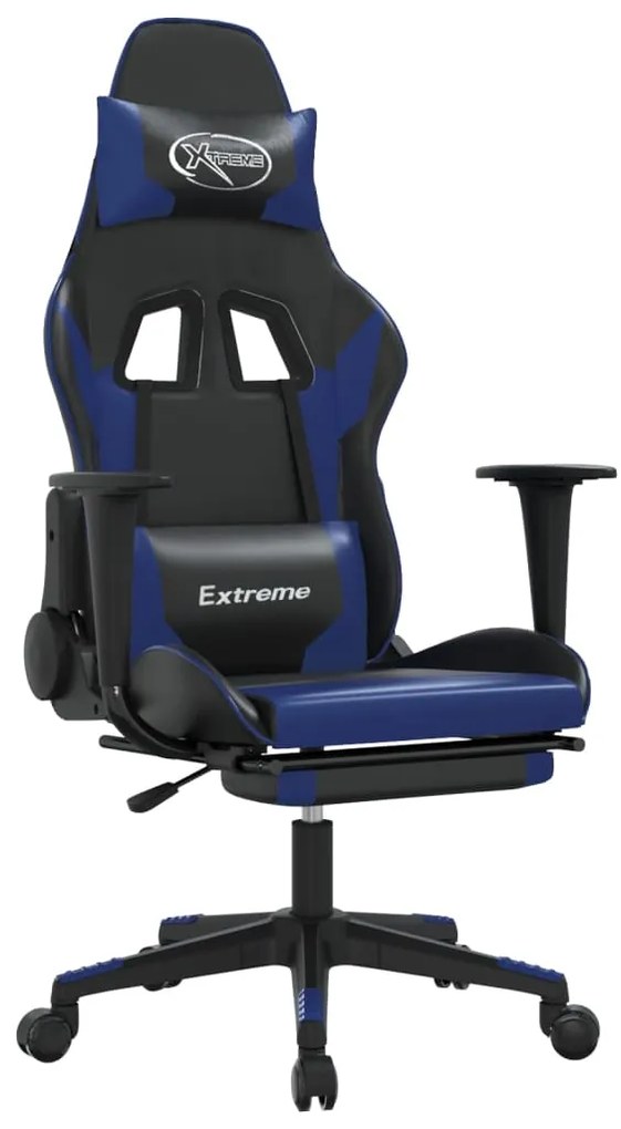 Sedia da gaming con poggiapiedi nero e blu in similpelle