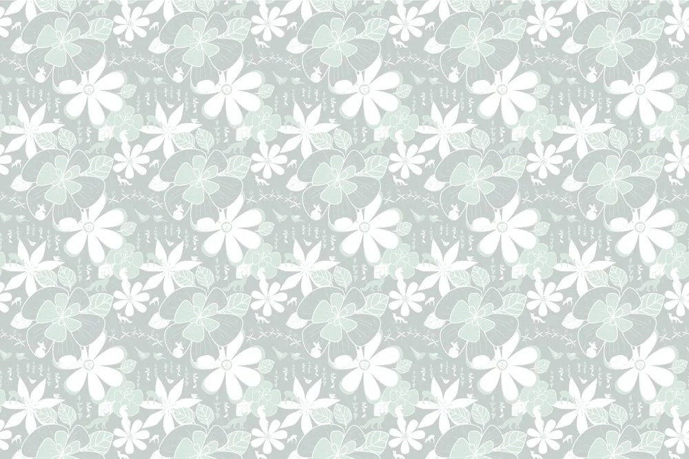 Carta da parati autoadesiva – Animali intorno ai fiori in verde
