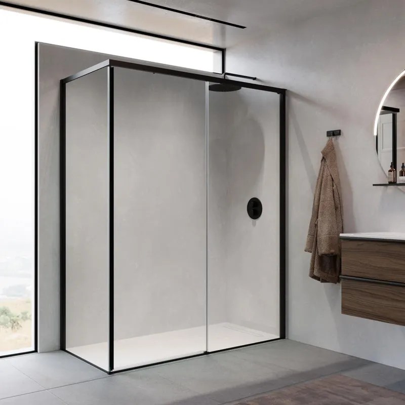 Lato fisso per box doccia Top H 200cm X 93-95cm sx Sp. 8 mm vetro trasparente profilo nero