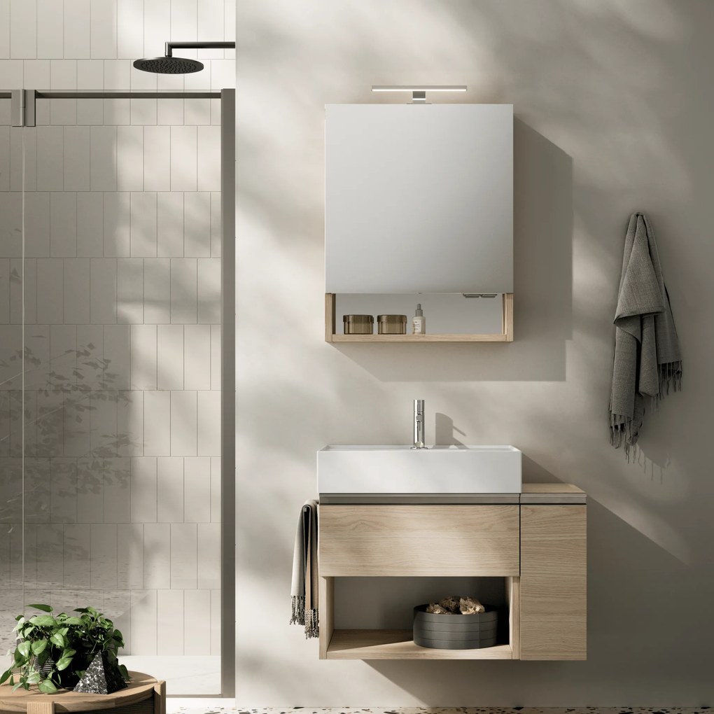 Mobile Bagno Sospeso Un Cassetto Con Vano a Giorno Un'Anta Specchio Con Illuminazione Led Artesi "#12" Rovere White/Nichel