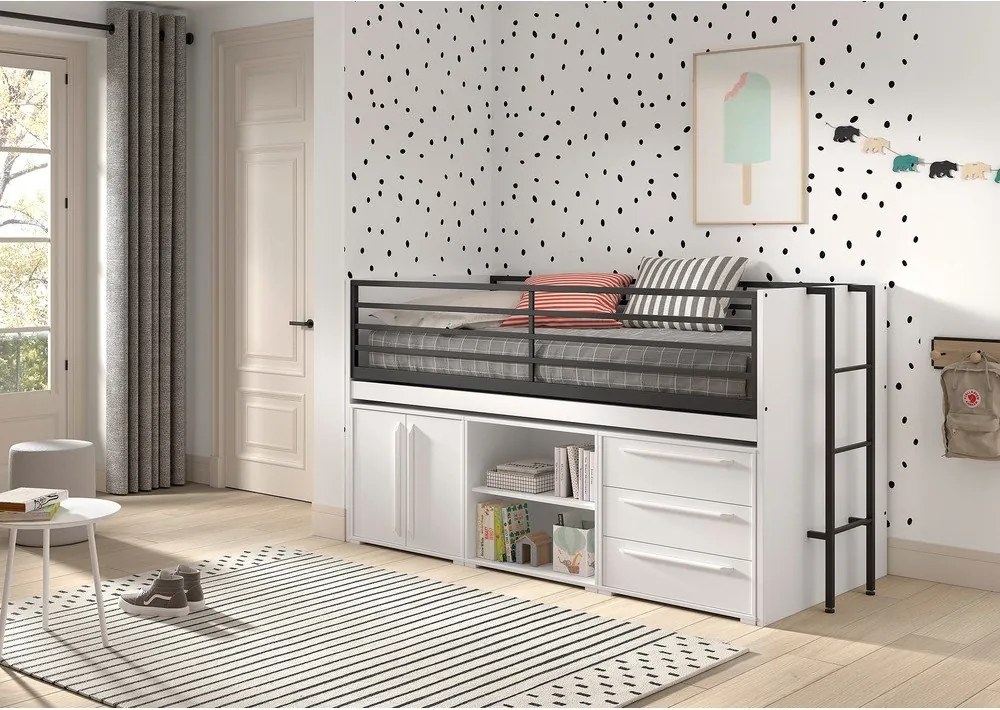 Letto da bambini rialzato bianco con contenitore con rete inclusa 90x200 cm Sam – Vipack
