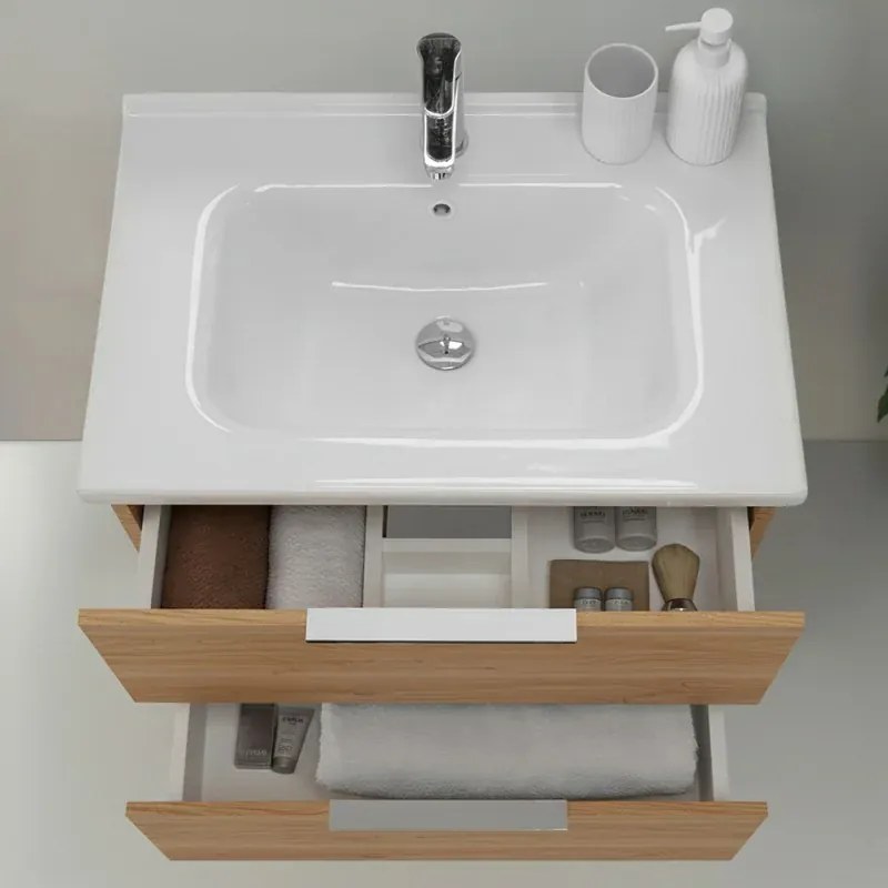 Mobile bagno sospeso 100cm rovere con cassetti lavabo e specchio Elva