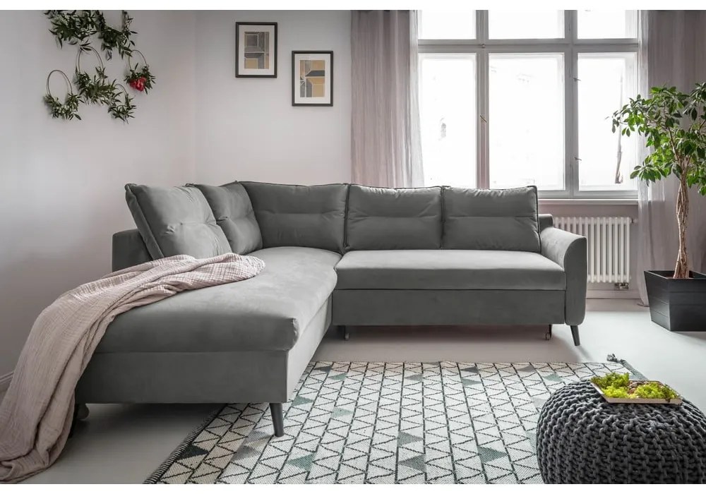 Divano letto angolare in velluto grigio chiaro L, angolo sinistro Stylish Stan - Miuform