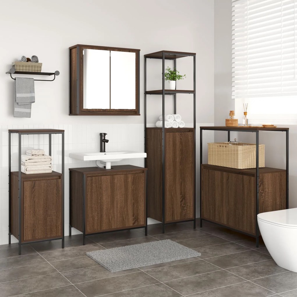 Set di mobili da bagno a 5 pezzi rovere marrone legno ingegnerizzato