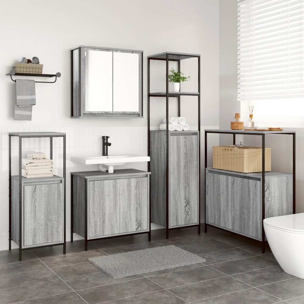 Set di mobili per bagno da 5 pezzi in legno ingegnerizzato grigio sonoma