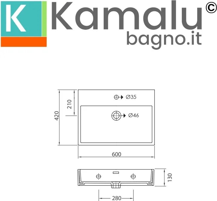 Lavabo sospeso 60 cm squadrato in ceramica bianca | Litos-DF60 - KAMALU
