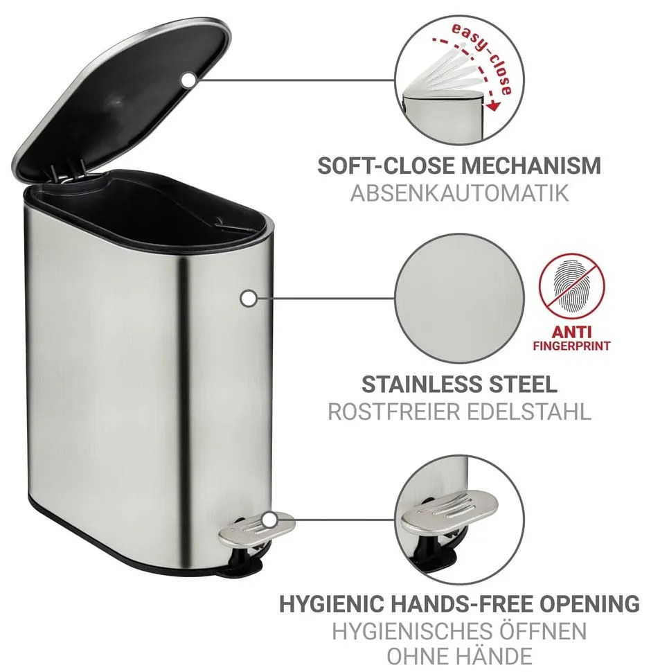 Cestino per la spazzatura color argento opaco in acciaio inox con pedale 5 l Collungo – Wenko
