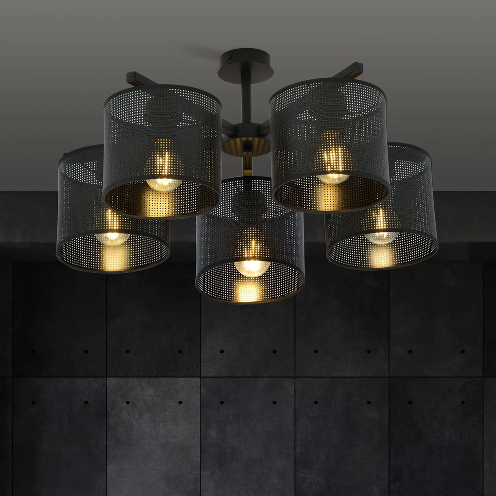 Plafoniera Industrial 5 Luci Cigno In Acciaio Nero E Paralumi A Cilindro