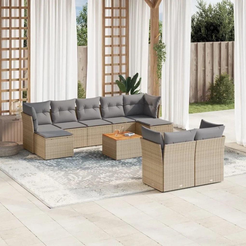 Set Divano da Giardino 10 pz con Cuscini Beige Misto Polyrattan