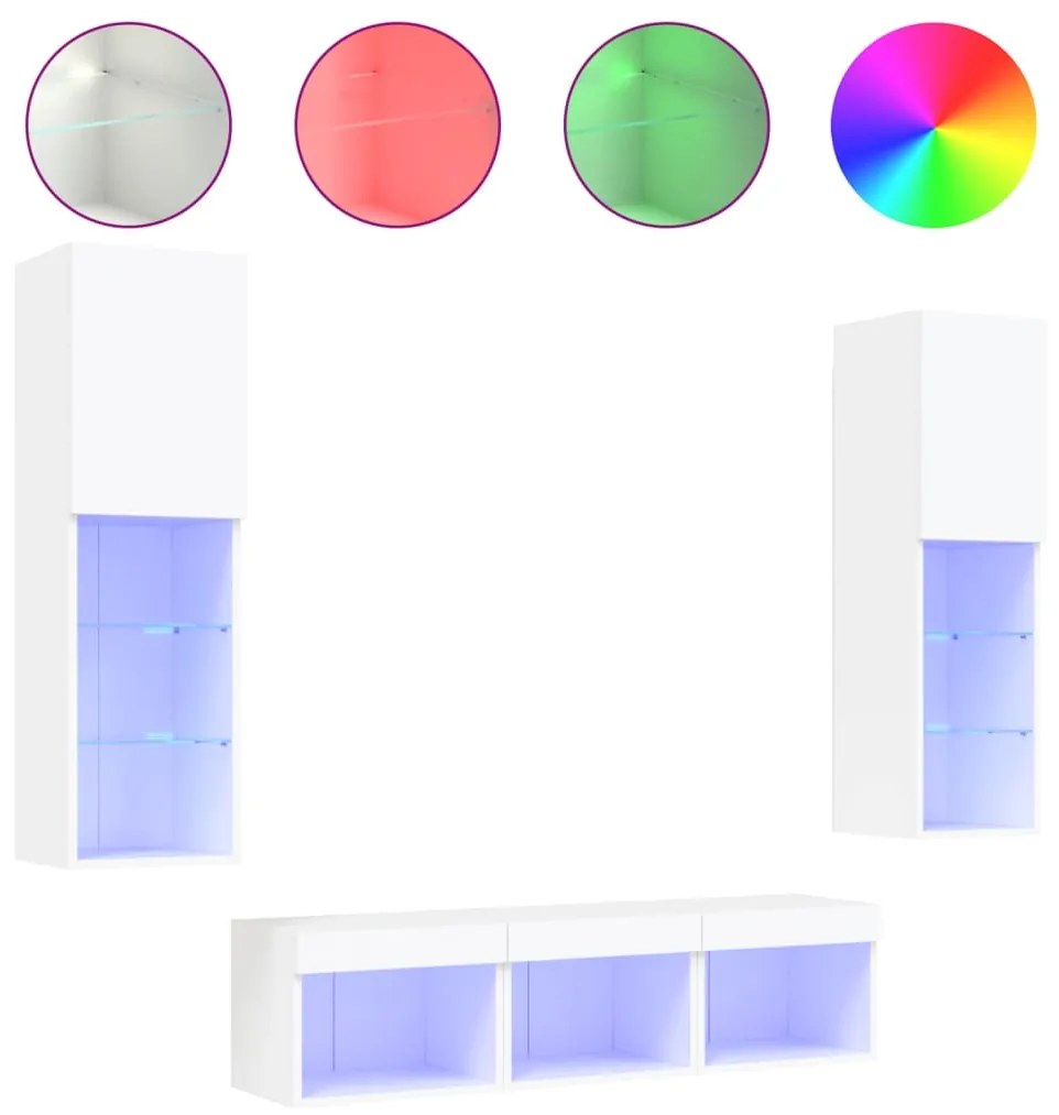 Mobili tv a muro con led 5pz bianchi in legno multistrato