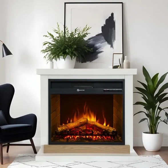 Camino elettrico da terra in legno bianco Stoccolma L75xP28xH70 cm