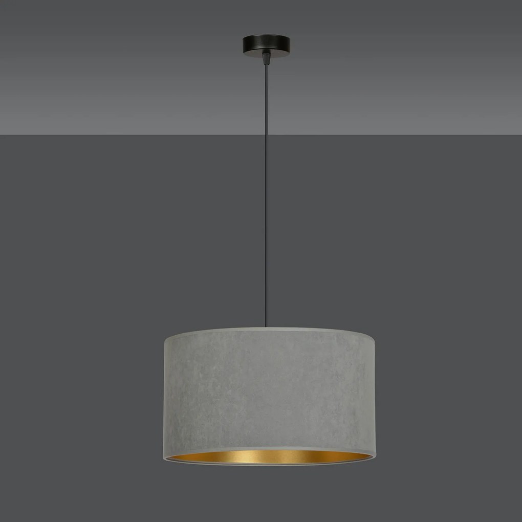 Sospensione 1 Luce Ganesha In Acciaio Nero E Paralume In Tessuto Grigio