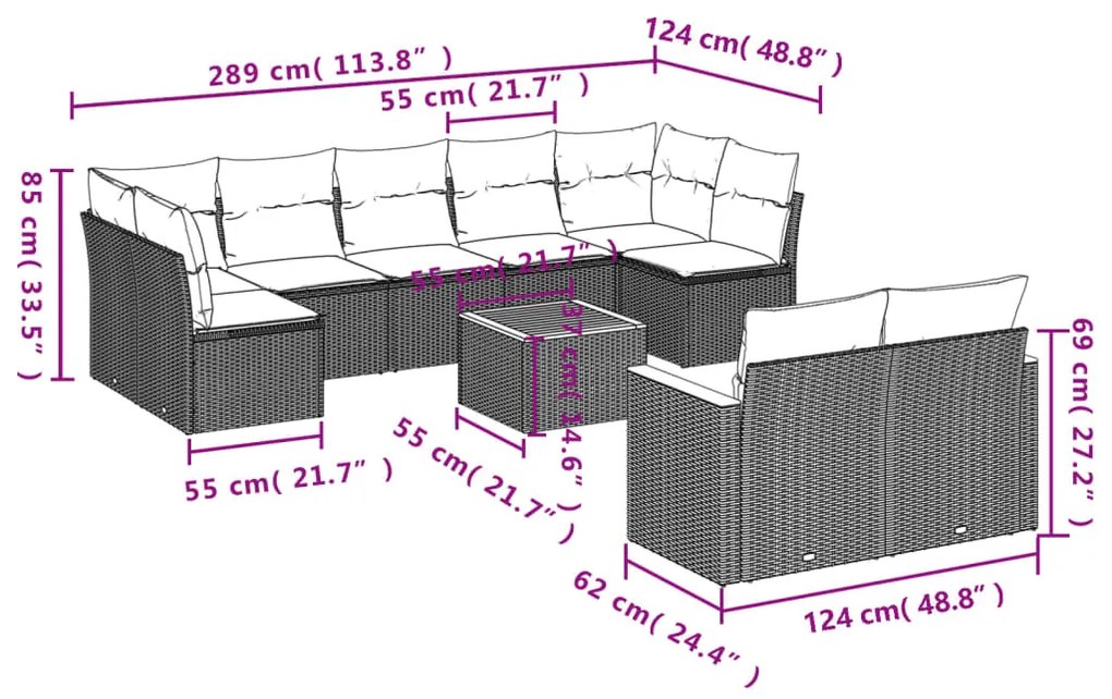 Set divano da giardino 10 pz con cuscini beige in polyrattan