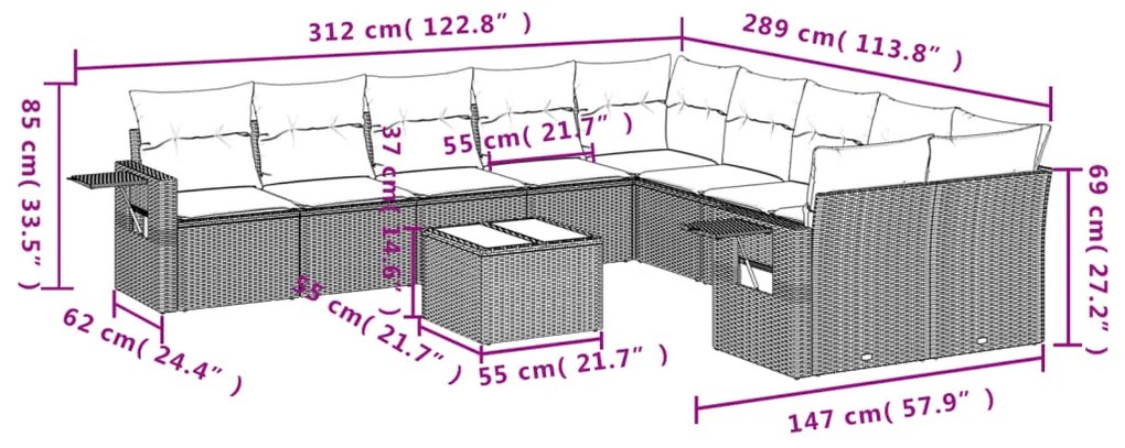 Set Divani da Giardino 11 pz con Cuscini in Polyrattan Grigio